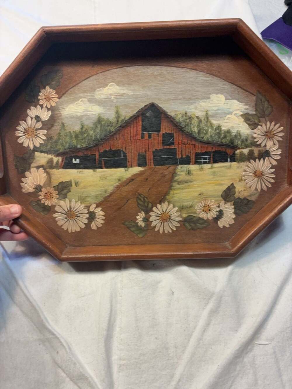 Vintage 1981 Hand Painted Wooden Serving Tray with Barn and Daisy Motif